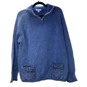 PBJ Blues VTG Acid Wash Quarter Zip Knit Sweater Denim Pockets Large Deadstock